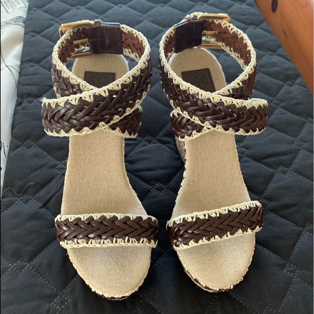 Tory Burch Brown and Cream Braided Wedge Sandals